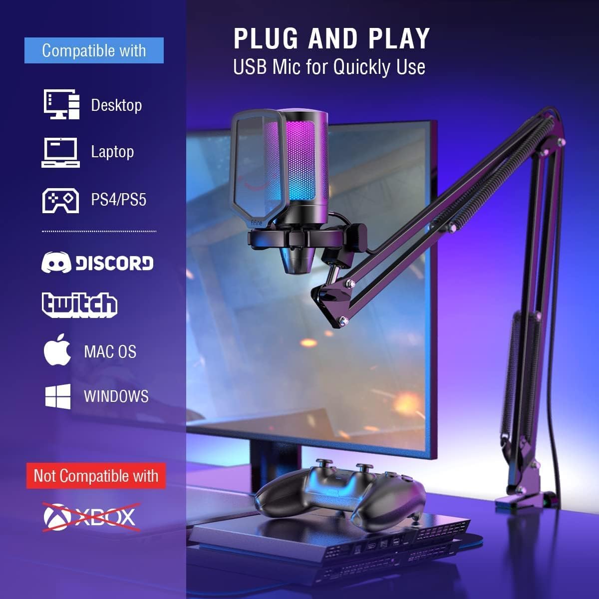 Microphone Gaming FIFINE K688 – USB & XLR, Micro à Condensateur Cardioïde avec Contrôle de Gain et Mute, Idéal Streaming, Podcast, PC/Mac
