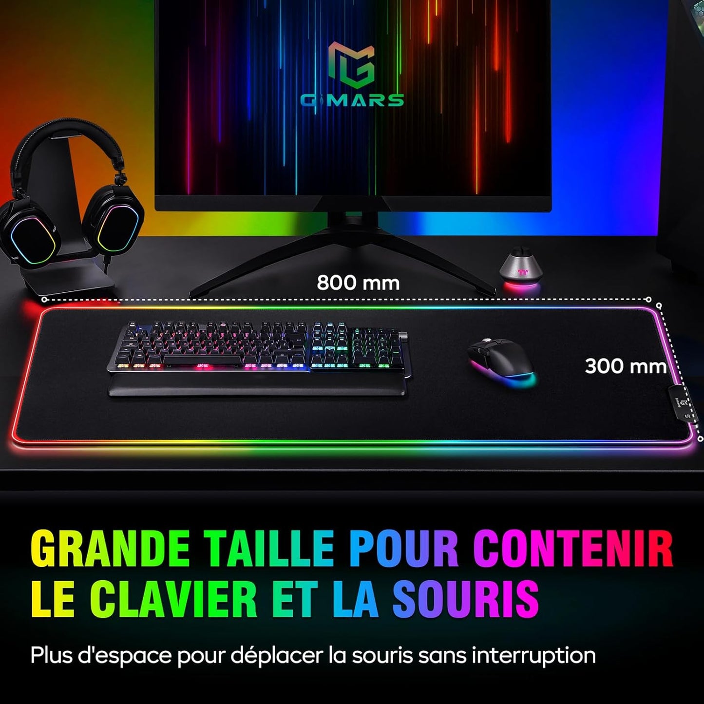 Tapis de Souris RGB XXL GIMARS – avec Chargeur Sans Fil 15W – 10 Modes d'Éclairage, Surface Imperméable et Base Antidérapante – 80×30 cm