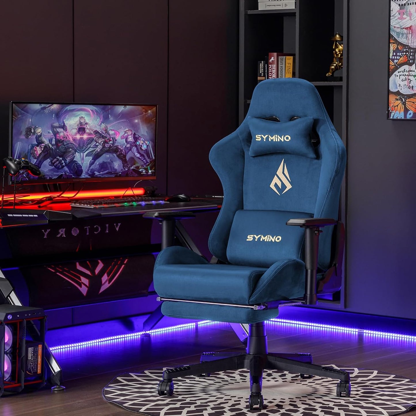 Chaise Gaming Symino – Ergonomique avec Repose-Pieds, Dossier Inclinable, Accoudoirs Ajustables, Cuir PU, Coussin Lombaire & Têtière