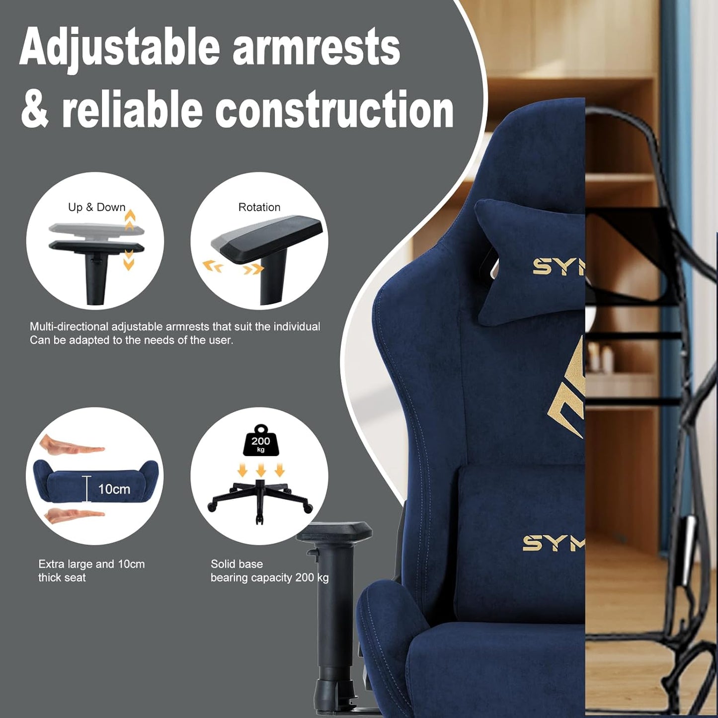 Chaise Gaming Symino – Ergonomique avec Repose-Pieds, Dossier Inclinable, Accoudoirs Ajustables, Cuir PU, Coussin Lombaire & Têtière