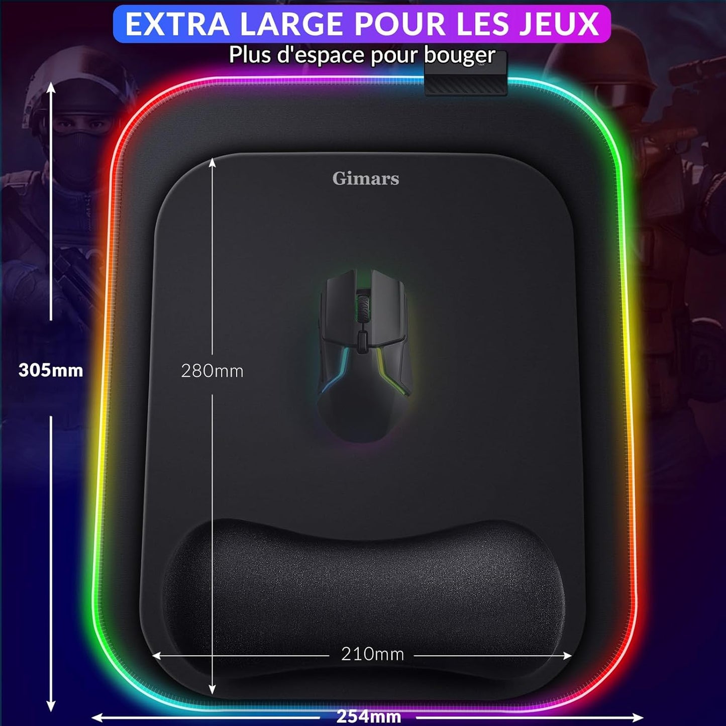 Tapis de Souris RGB XXL GIMARS – avec Chargeur Sans Fil 15W – 10 Modes d'Éclairage, Surface Imperméable et Base Antidérapante – 80×30 cm