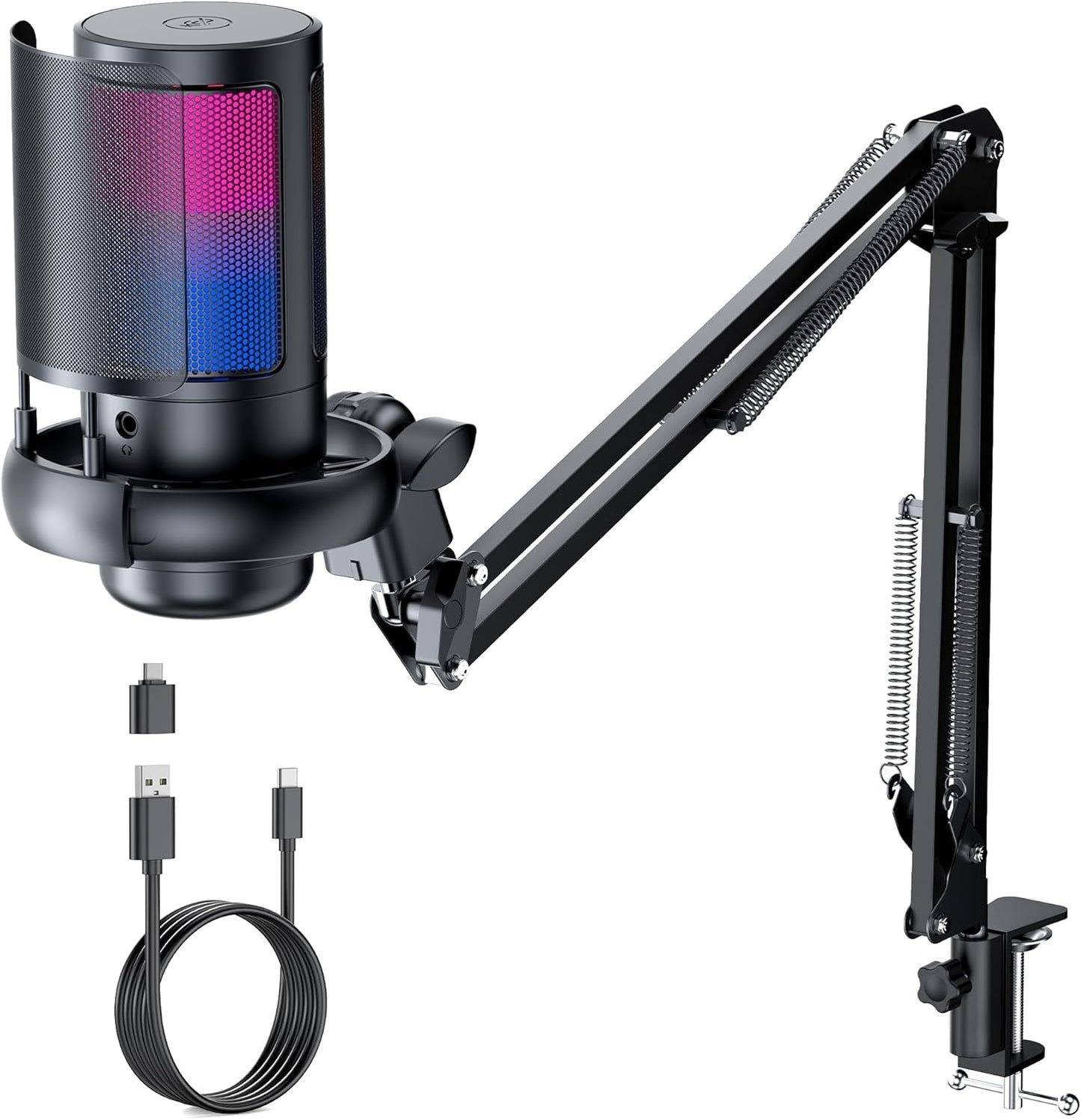 Microphone Gaming QIUOIO – USB Plug & Play avec Bras Articulé, Filtre Anti-Pop & Éclairage RGB – Idéal Streaming, Discord, YouTube, PC/PS5