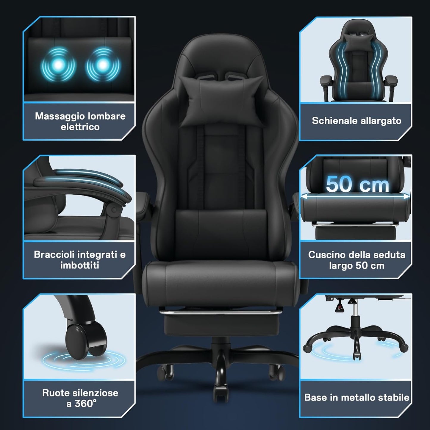 Fauteuil Gaming Massant TRIUMPHKEY – Ergonomique avec Appui-tête, Repose-pieds et Coussin Lombaire – Inclinaison 135° – Design Racing