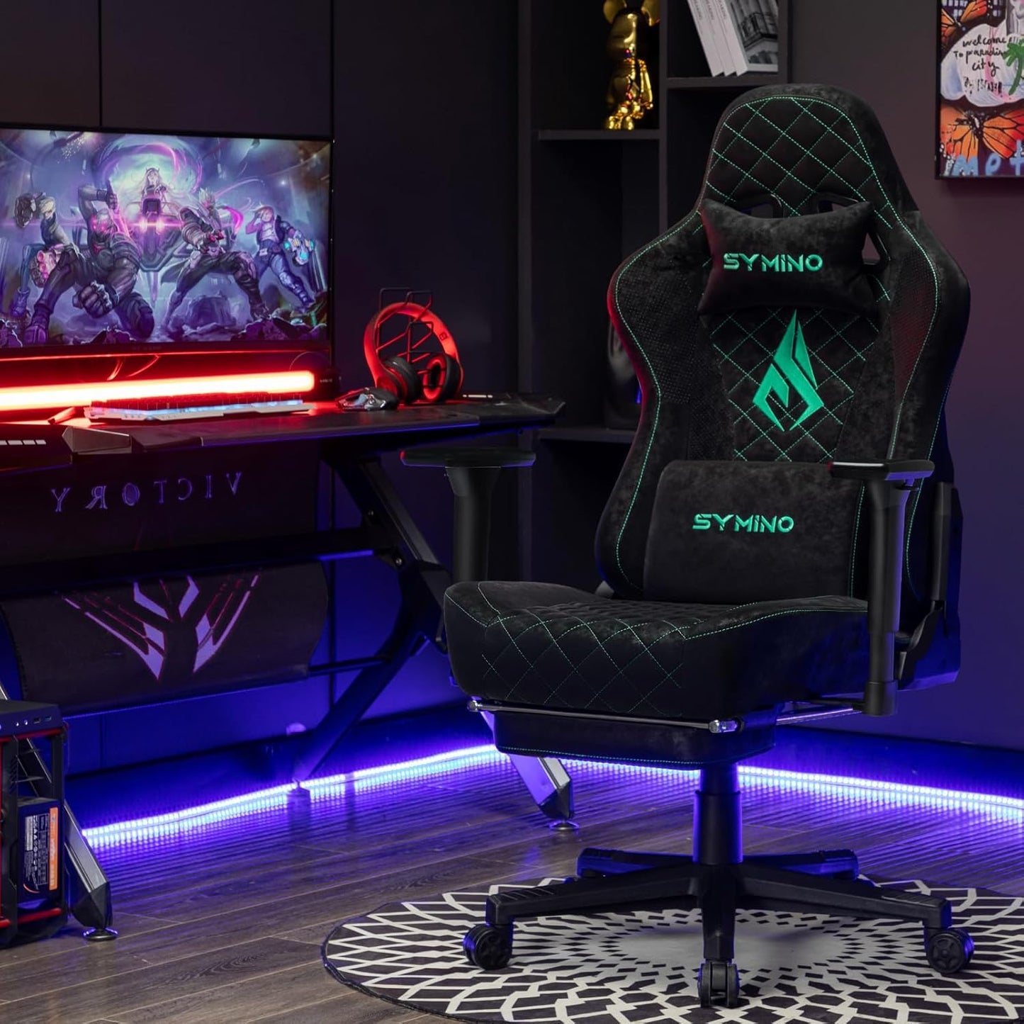 Chaise Gaming Symino – Ergonomique avec Repose-Pieds, Dossier Inclinable, Accoudoirs Ajustables, Cuir PU, Coussin Lombaire & Têtière