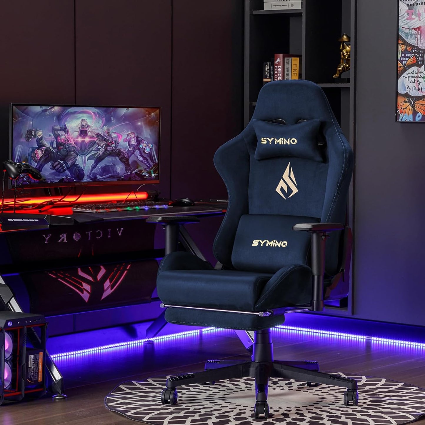 Chaise Gaming Symino – Ergonomique avec Repose-Pieds, Dossier Inclinable, Accoudoirs Ajustables, Cuir PU, Coussin Lombaire & Têtière