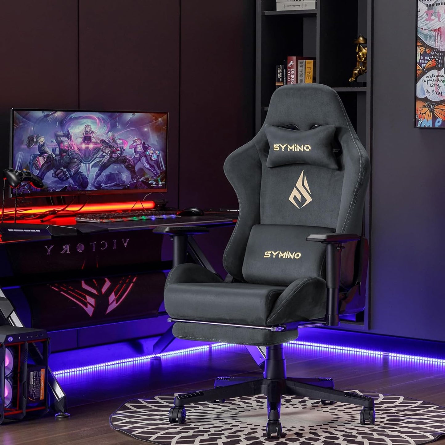 Chaise Gaming Symino – Ergonomique avec Repose-Pieds, Dossier Inclinable, Accoudoirs Ajustables, Cuir PU, Coussin Lombaire & Têtière