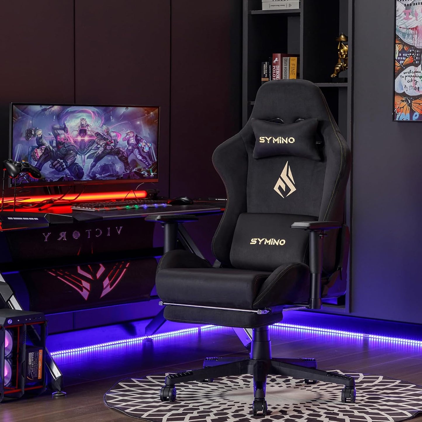 Chaise Gaming Symino – Ergonomique avec Repose-Pieds, Dossier Inclinable, Accoudoirs Ajustables, Cuir PU, Coussin Lombaire & Têtière