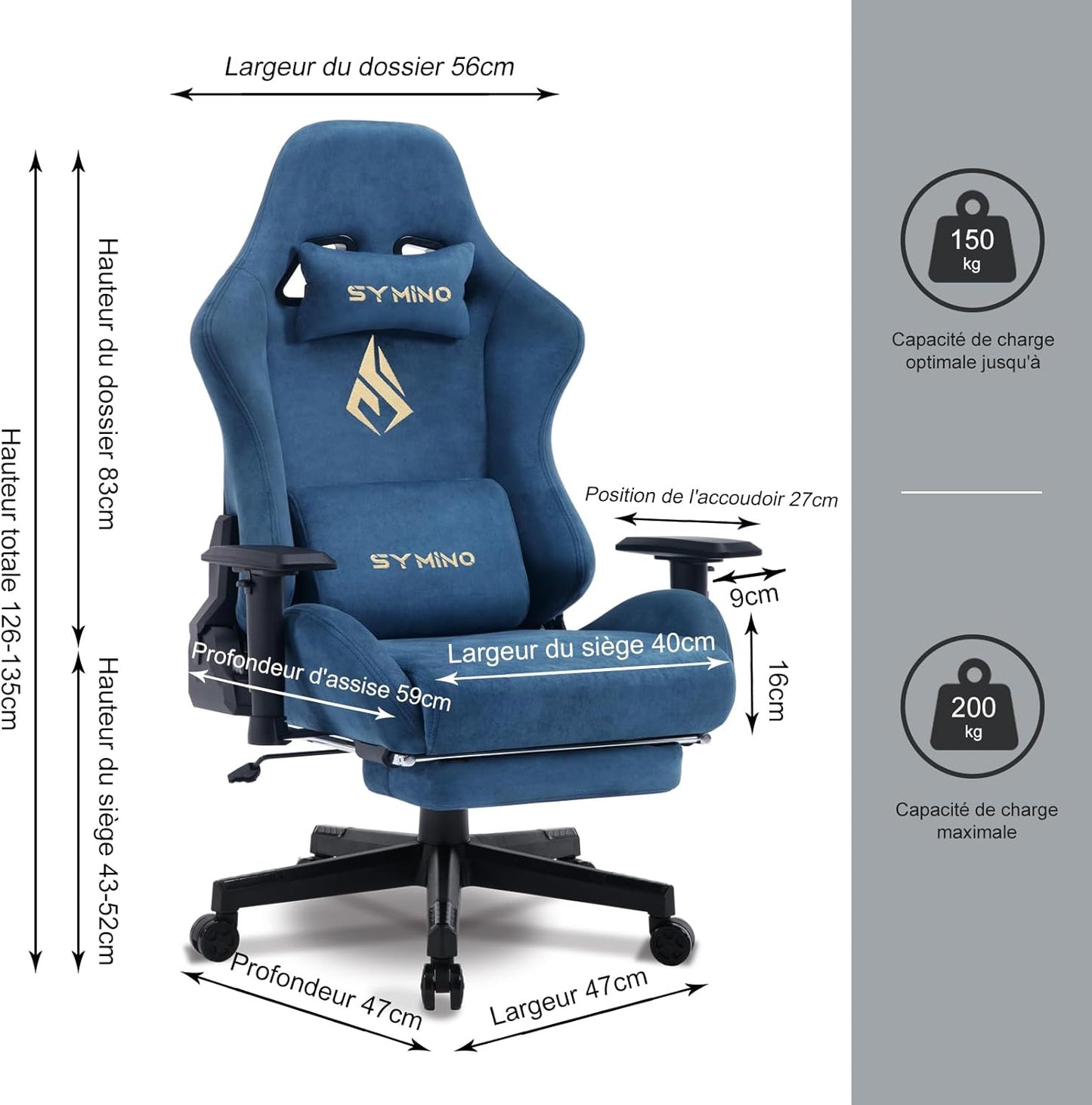 Chaise Gaming Symino – Ergonomique avec Repose-Pieds, Dossier Inclinable, Accoudoirs Ajustables, Cuir PU, Coussin Lombaire & Têtière