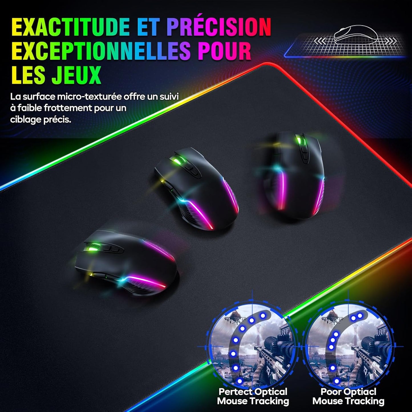Tapis de Souris RGB XXL GIMARS – avec Chargeur Sans Fil 15W – 10 Modes d'Éclairage, Surface Imperméable et Base Antidérapante – 80×30 cm