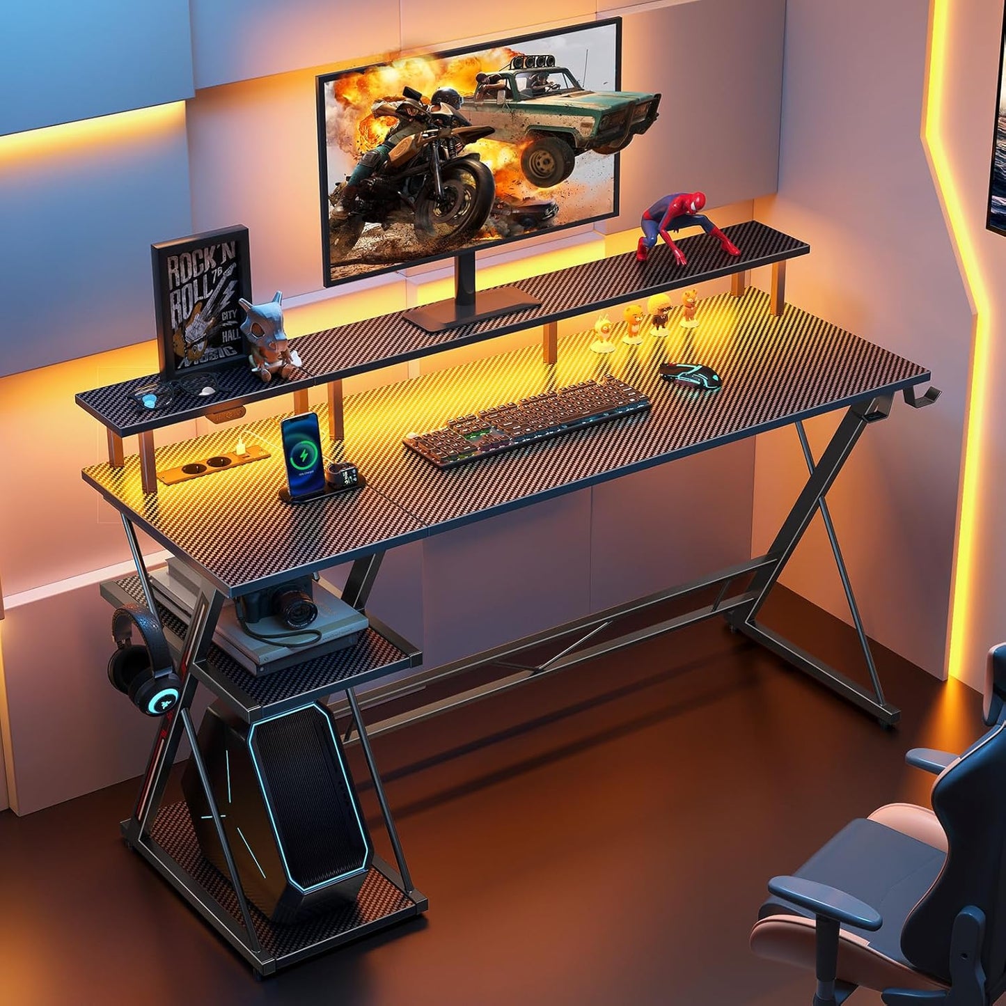 Bureau Gaming Seven Warrior – Grand Bureau 160 cm avec Éclairage LED RGB, Multiprise Intégrée, Support Casque & Gobelet – Plateau Carbone Style Moderne