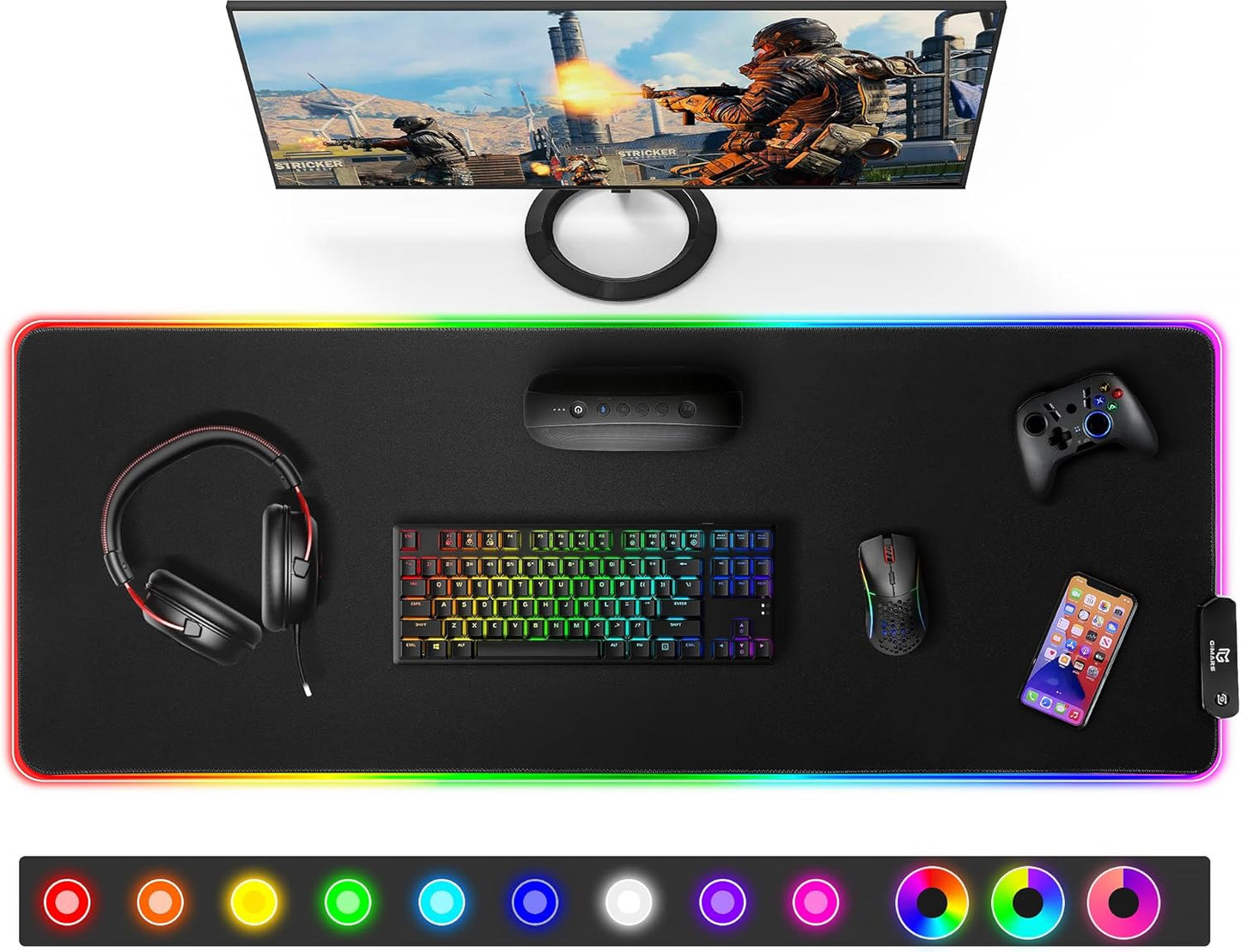 Tapis de Souris RGB XXL GIMARS – avec Chargeur Sans Fil 15W – 10 Modes d'Éclairage, Surface Imperméable et Base Antidérapante – 80×30 cm