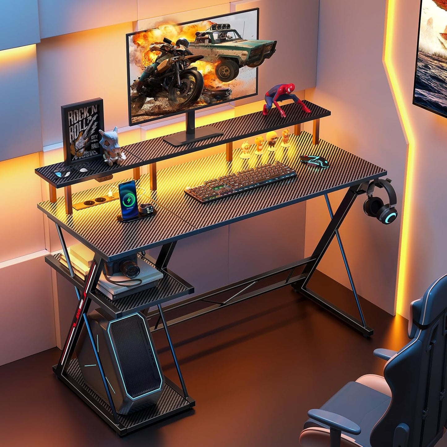 Bureau Gaming Seven Warrior – Grand Bureau 160 cm avec Éclairage LED RGB, Multiprise Intégrée, Support Casque & Gobelet – Plateau Carbone Style Moderne