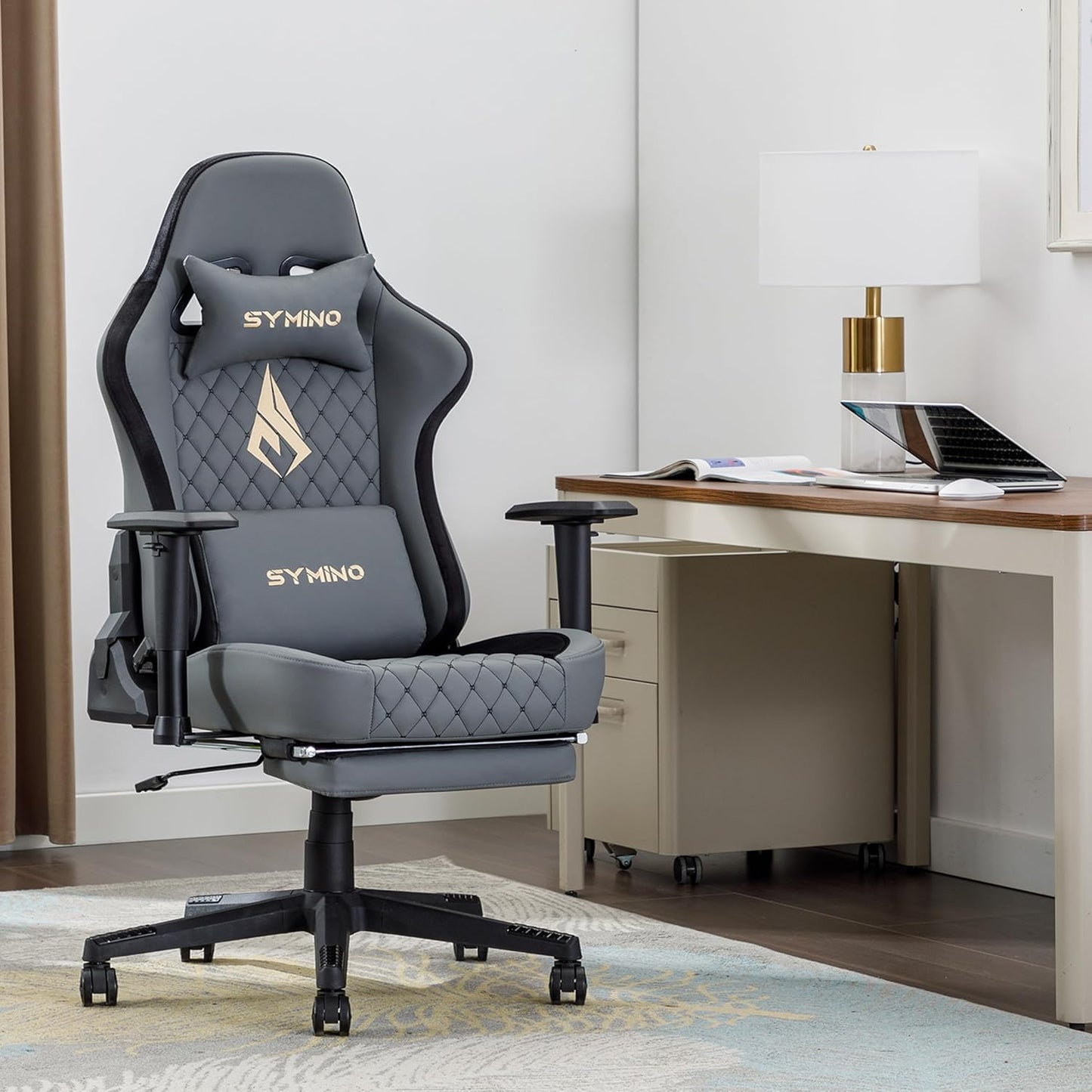 Chaise Gaming Symino – Ergonomique avec Repose-Pieds, Dossier Inclinable, Accoudoirs Ajustables, Cuir PU, Coussin Lombaire & Têtière