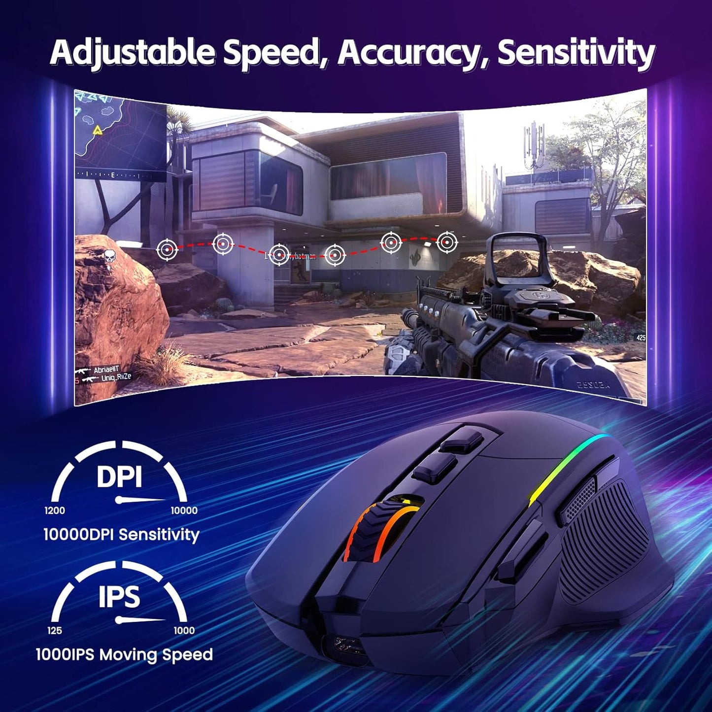 Souris Gaming RisoPhy Sans Fil – Bluetooth & 2.4 GHz – Rechargeable, 9 Boutons Programmables, RGB, Ergonomique, 10000 DPI