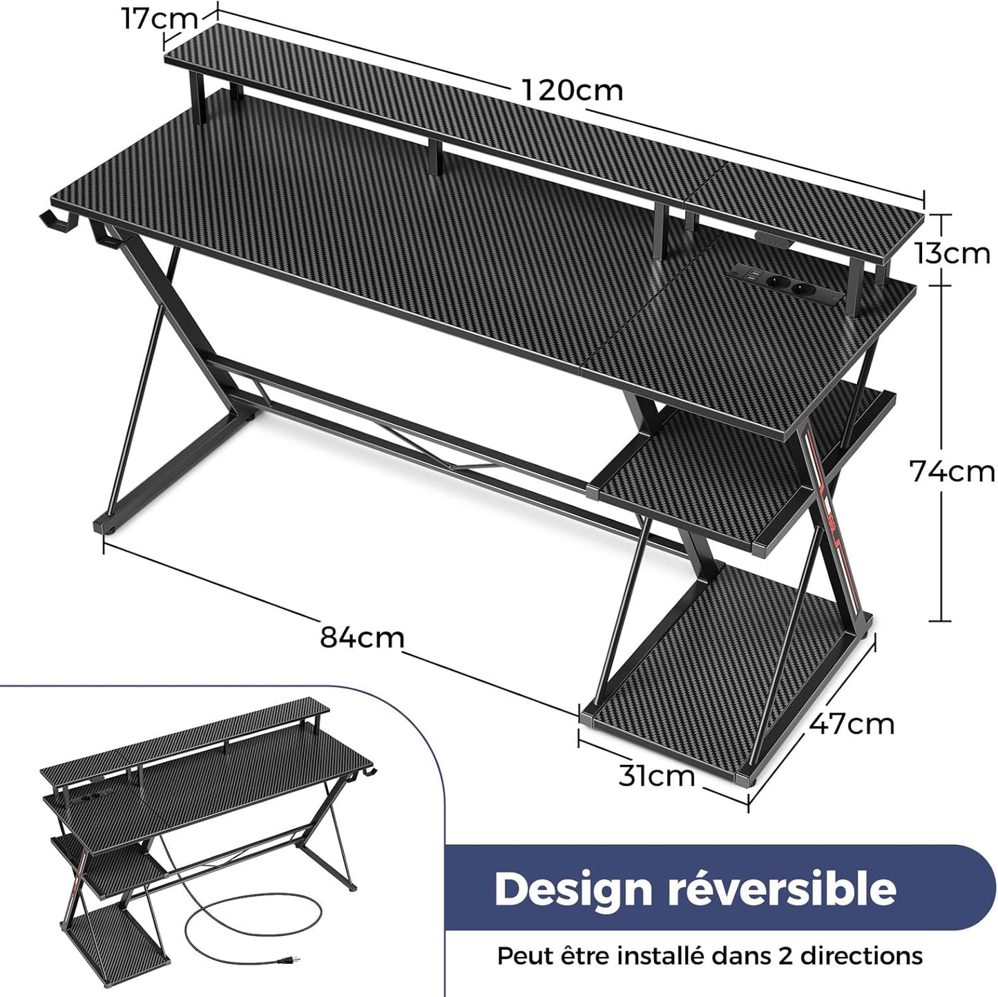 Bureau Gaming Seven Warrior – Grand Bureau 160 cm avec Éclairage LED RGB, Multiprise Intégrée, Support Casque & Gobelet – Plateau Carbone Style Moderne