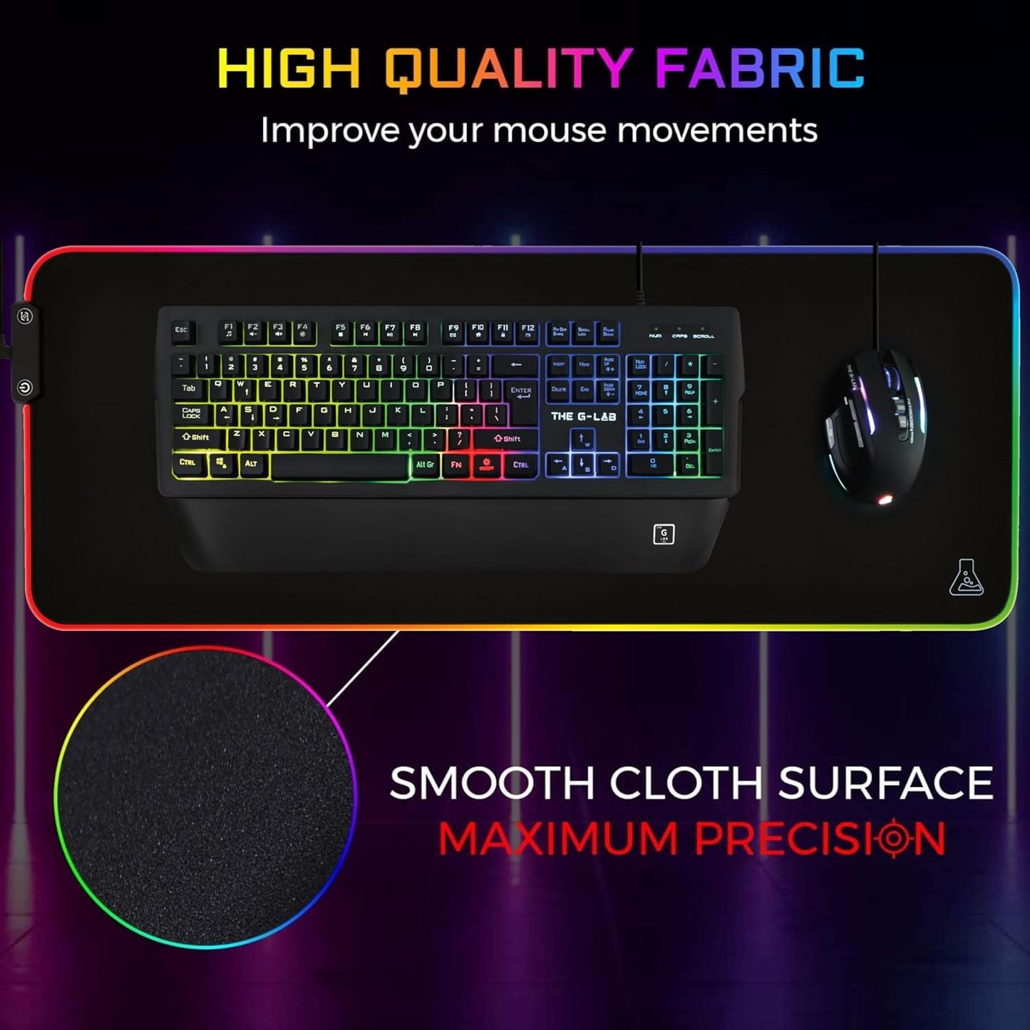 Tapis de Souris Gaming G-Lab Rubidium – XL 450×400 mm, Surface Antidérapante, Rétroéclairage RGB, Résistant à l’Eau – Compatible Souris Optique/Laser
