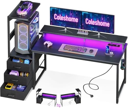 Bureau Gaming Coleshome Électrique – Éclairage LED RGB, Réversible avec Rangement et Support Écran – 140 cm – Style Moderne