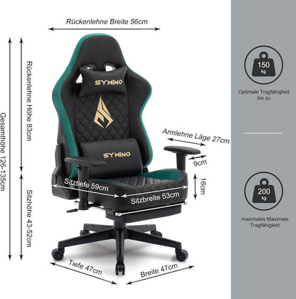 Chaise Gaming Symino – Ergonomique avec Repose-Pieds, Dossier Inclinable, Accoudoirs Ajustables, Cuir PU, Coussin Lombaire & Têtière