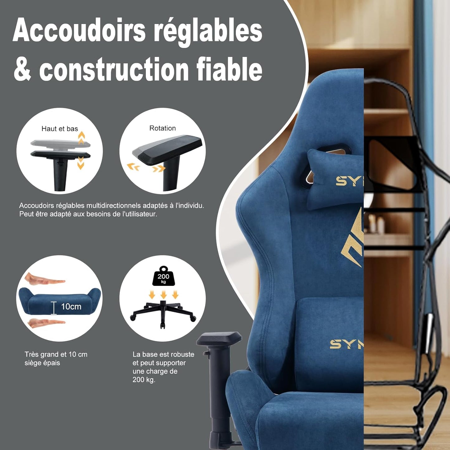 Chaise Gaming Symino – Ergonomique avec Repose-Pieds, Dossier Inclinable, Accoudoirs Ajustables, Cuir PU, Coussin Lombaire & Têtière