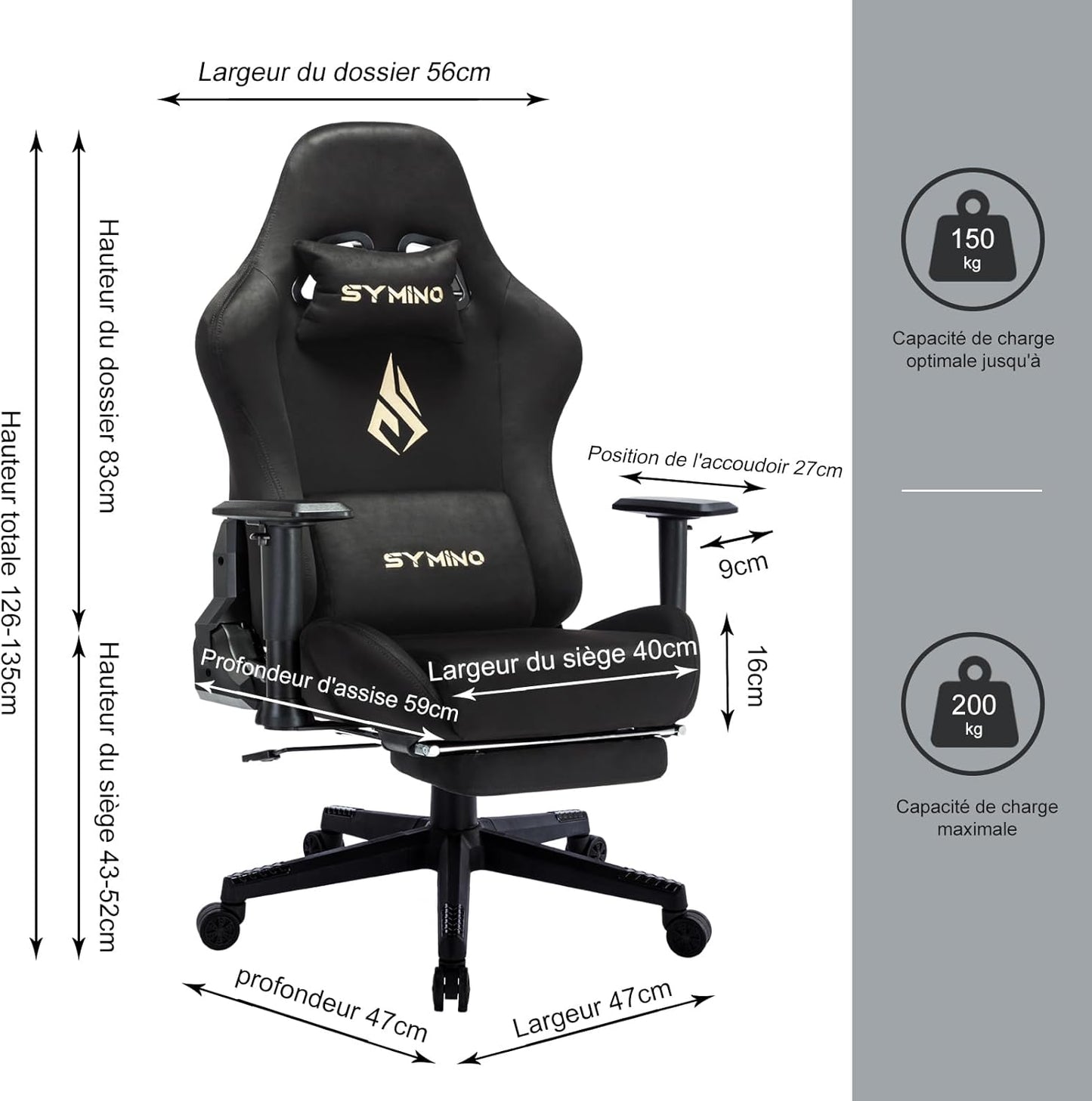Chaise Gaming Symino – Ergonomique avec Repose-Pieds, Dossier Inclinable, Accoudoirs Ajustables, Cuir PU, Coussin Lombaire & Têtière