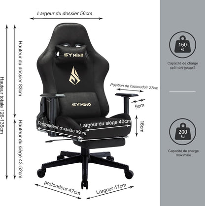 Chaise Gaming Symino – Ergonomique avec Repose-Pieds, Dossier Inclinable, Accoudoirs Ajustables, Cuir PU, Coussin Lombaire & Têtière