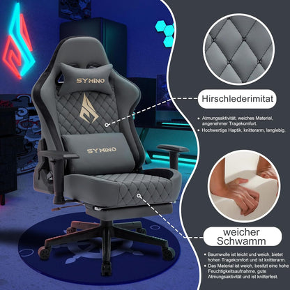Chaise Gaming Symino – Ergonomique avec Repose-Pieds, Dossier Inclinable, Accoudoirs Ajustables, Cuir PU, Coussin Lombaire & Têtière