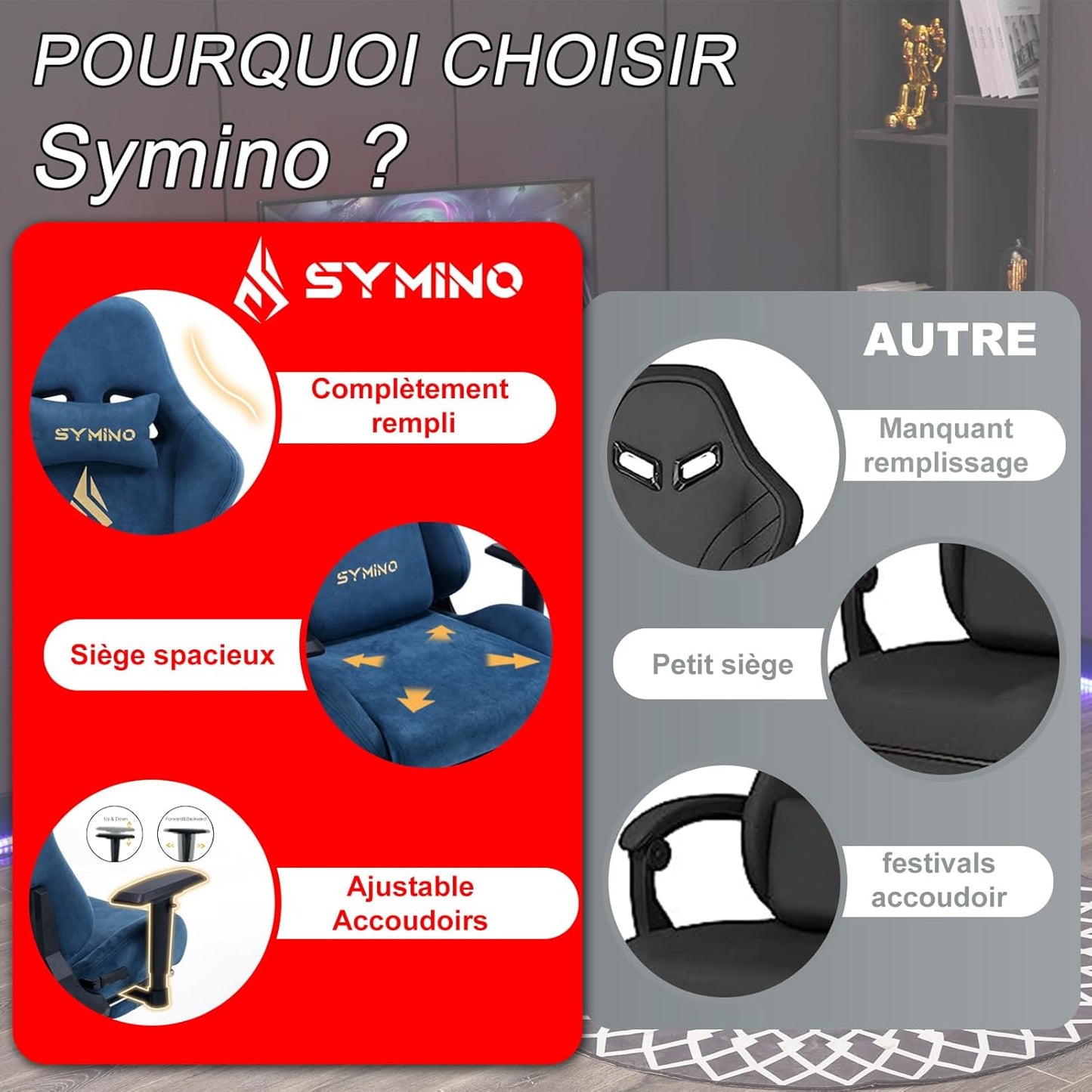 Chaise Gaming Symino – Ergonomique avec Repose-Pieds, Dossier Inclinable, Accoudoirs Ajustables, Cuir PU, Coussin Lombaire & Têtière