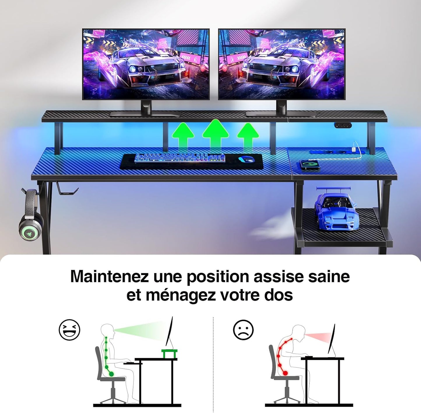 Bureau Gaming Seven Warrior – Grand Bureau 160 cm avec Éclairage LED RGB, Multiprise Intégrée, Support Casque & Gobelet – Plateau Carbone Style Moderne