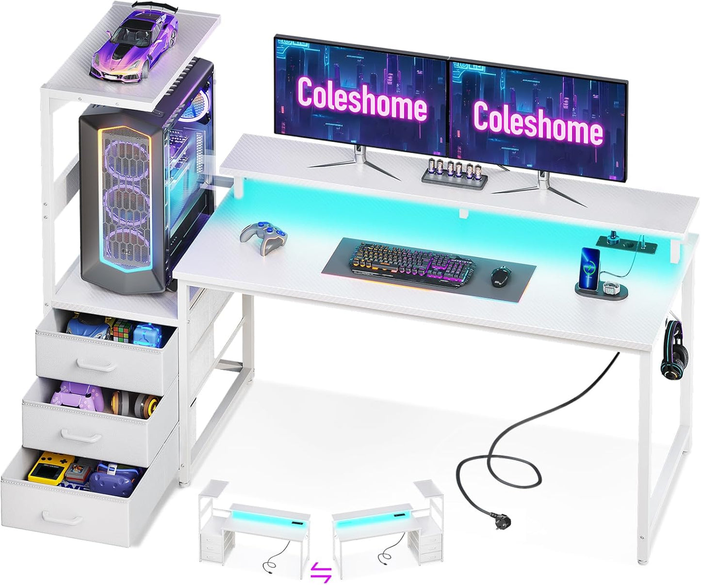 Bureau Gaming Coleshome Électrique – Éclairage LED RGB, Réversible avec Rangement et Support Écran – 140 cm – Style Moderne