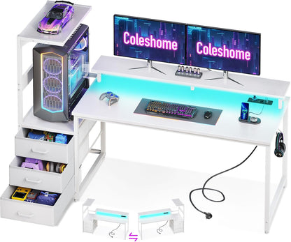 Bureau Gaming Coleshome Électrique – Éclairage LED RGB, Réversible avec Rangement et Support Écran – 140 cm – Style Moderne