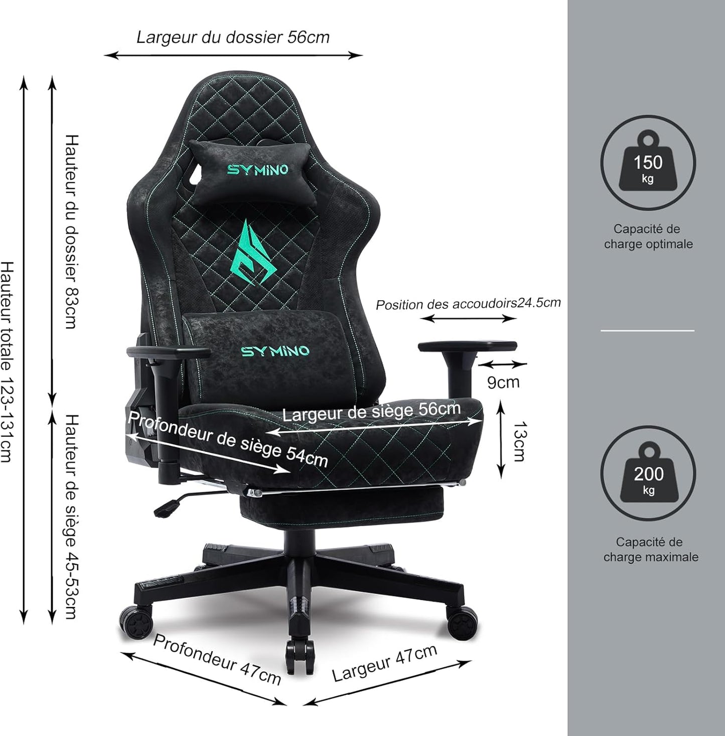 Chaise Gaming Symino – Ergonomique avec Repose-Pieds, Dossier Inclinable, Accoudoirs Ajustables, Cuir PU, Coussin Lombaire & Têtière