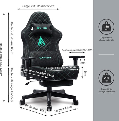 Chaise Gaming Symino – Ergonomique avec Repose-Pieds, Dossier Inclinable, Accoudoirs Ajustables, Cuir PU, Coussin Lombaire & Têtière