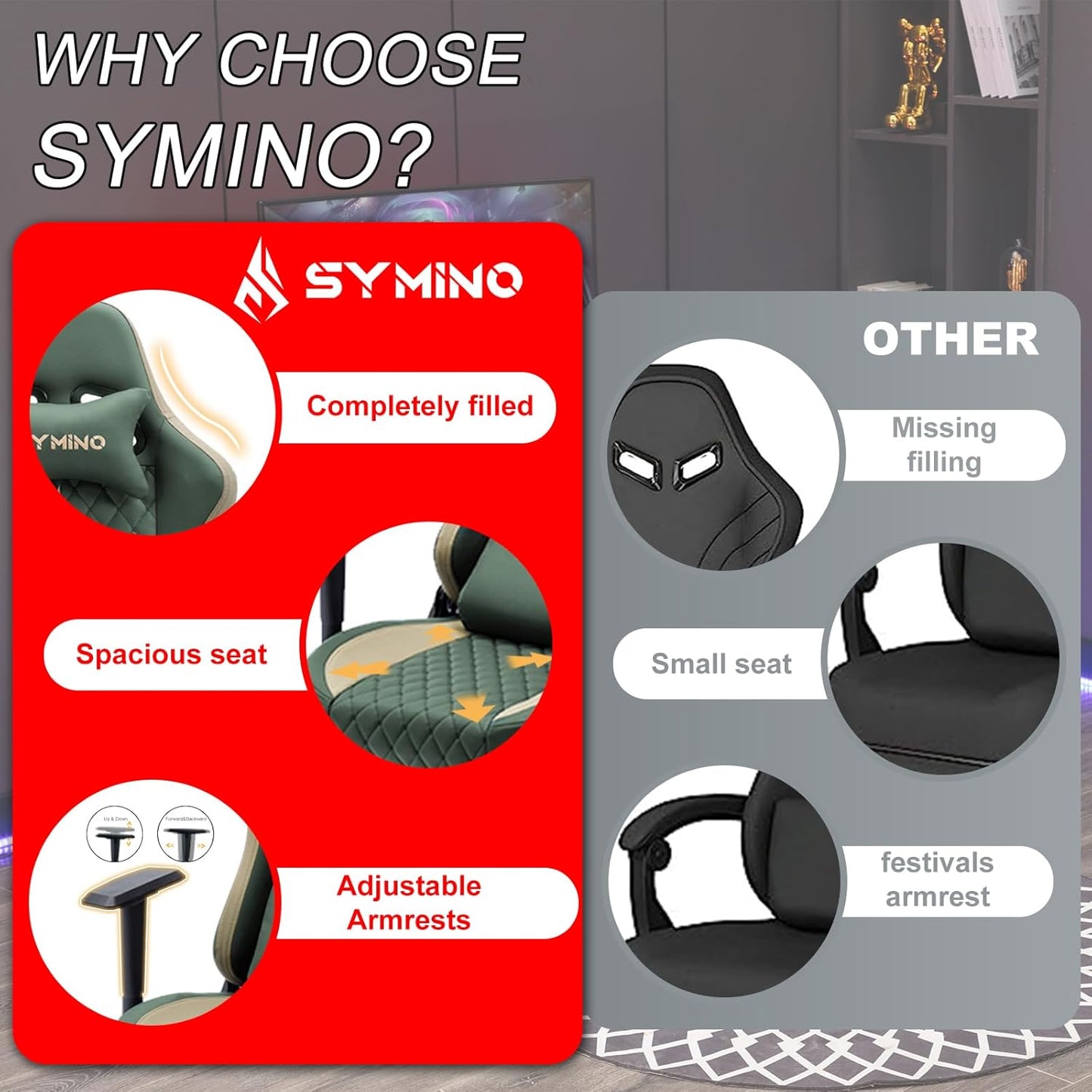 Chaise Gaming Symino – Ergonomique avec Repose-Pieds, Dossier Inclinable, Accoudoirs Ajustables, Cuir PU, Coussin Lombaire & Têtière