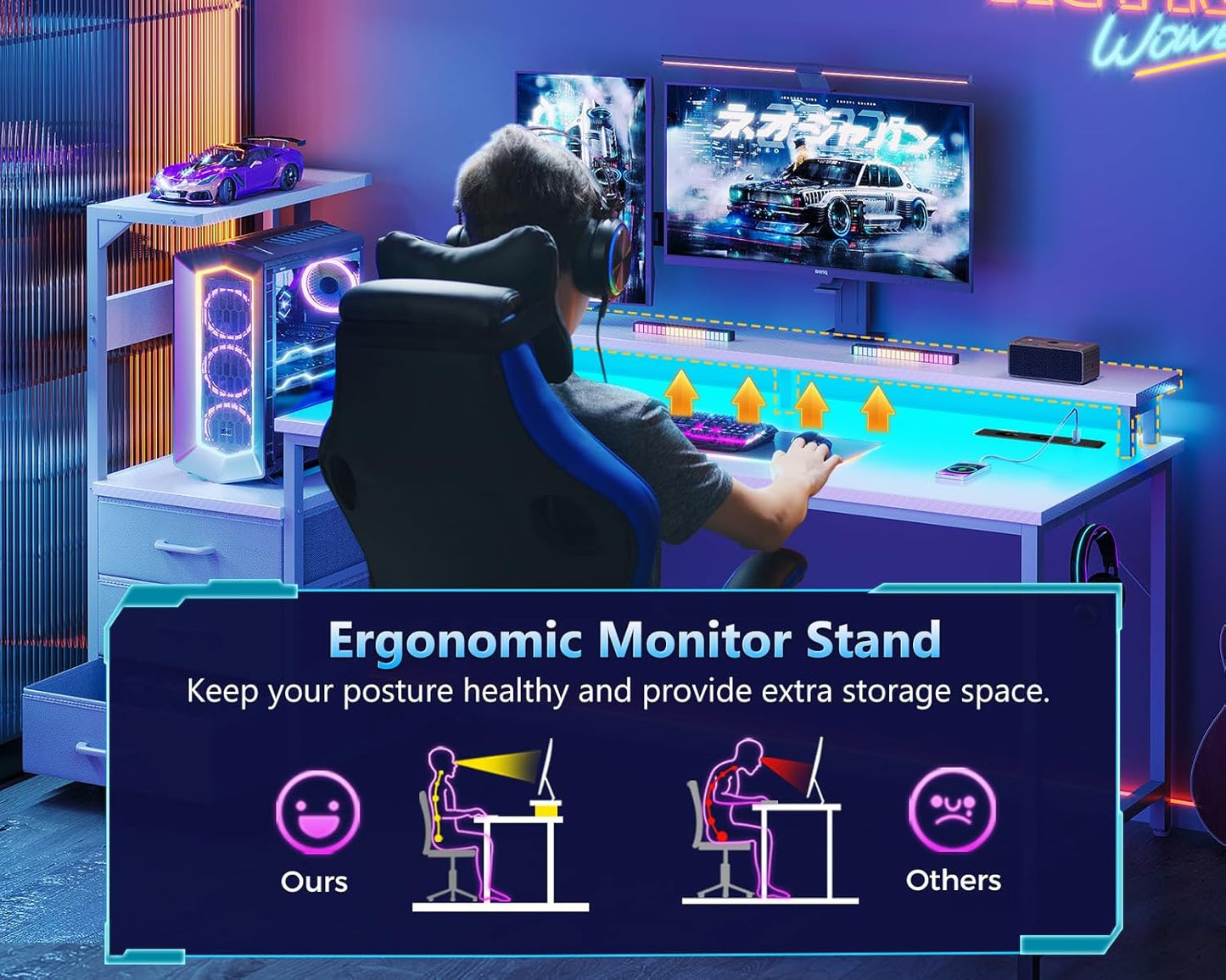 Bureau Gaming Coleshome Électrique – Éclairage LED RGB, Réversible avec Rangement et Support Écran – 140 cm – Style Moderne