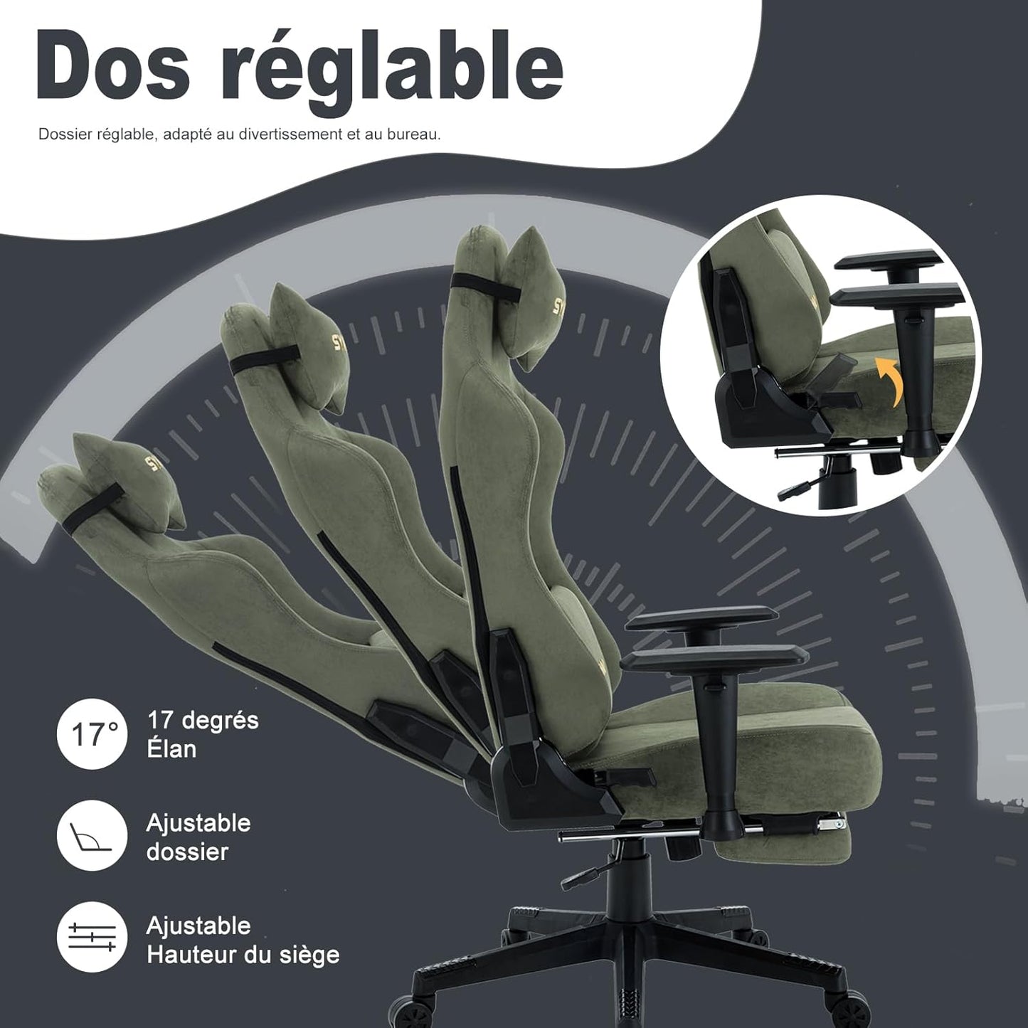 Chaise Gaming Symino – Ergonomique avec Repose-Pieds, Dossier Inclinable, Accoudoirs Ajustables, Cuir PU, Coussin Lombaire & Têtière