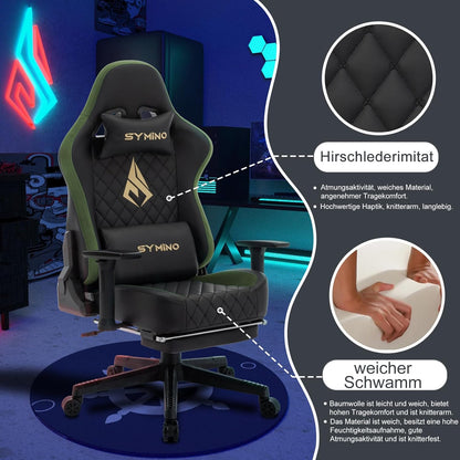 Chaise Gaming Symino – Ergonomique avec Repose-Pieds, Dossier Inclinable, Accoudoirs Ajustables, Cuir PU, Coussin Lombaire & Têtière