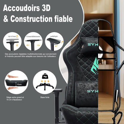 Chaise Gaming Symino – Ergonomique avec Repose-Pieds, Dossier Inclinable, Accoudoirs Ajustables, Cuir PU, Coussin Lombaire & Têtière