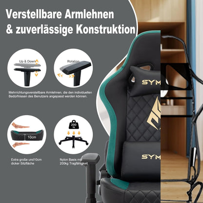 Chaise Gaming Symino – Ergonomique avec Repose-Pieds, Dossier Inclinable, Accoudoirs Ajustables, Cuir PU, Coussin Lombaire & Têtière