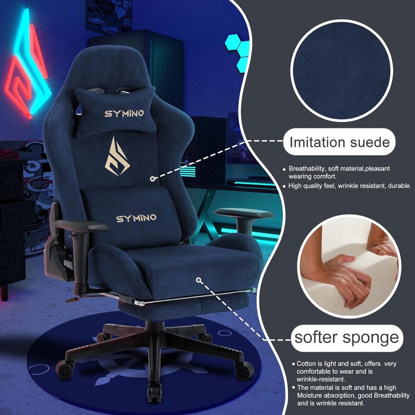 Chaise Gaming Symino – Ergonomique avec Repose-Pieds, Dossier Inclinable, Accoudoirs Ajustables, Cuir PU, Coussin Lombaire & Têtière