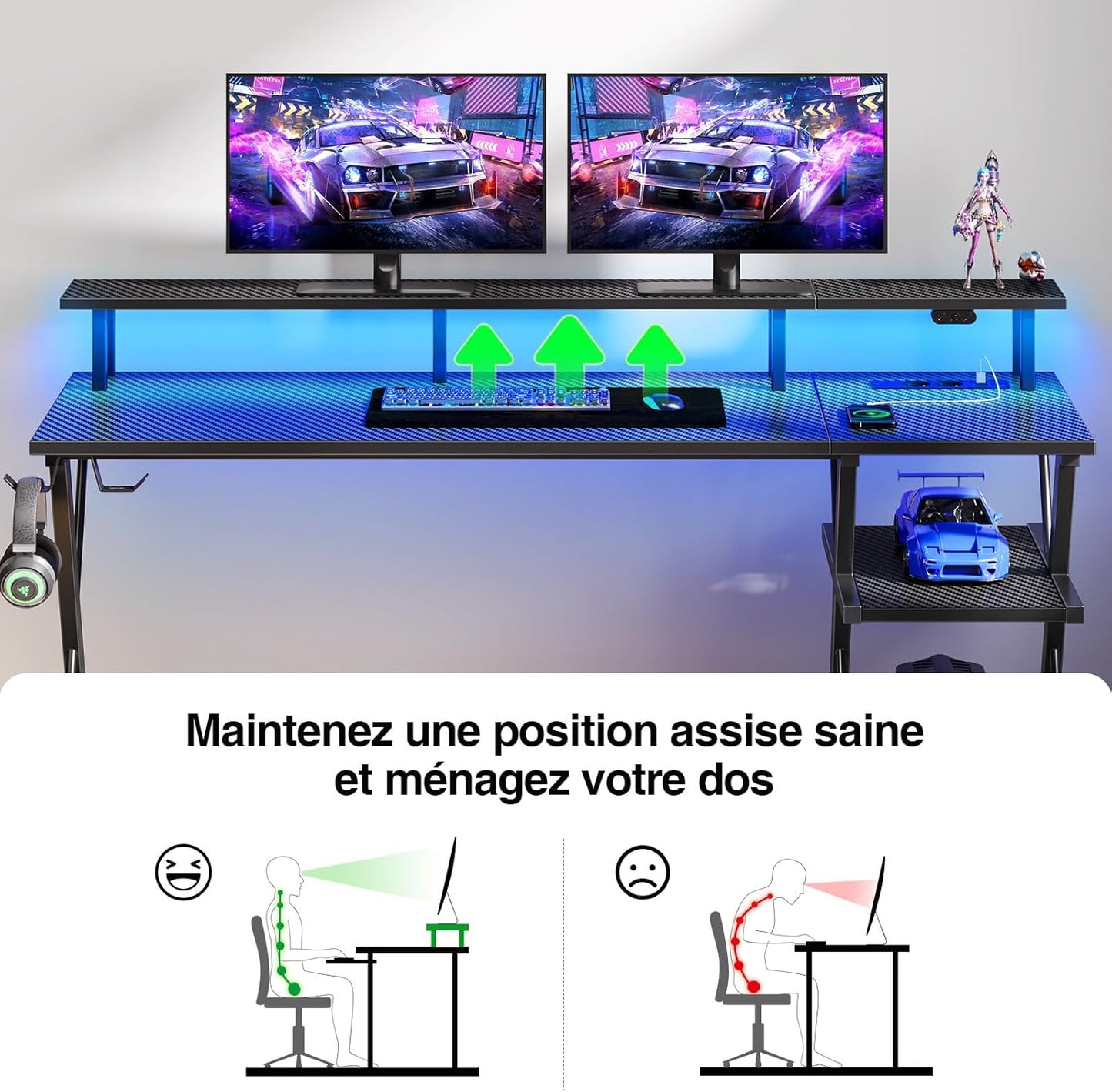 Bureau Gaming Seven Warrior – Grand Bureau 160 cm avec Éclairage LED RGB, Multiprise Intégrée, Support Casque & Gobelet – Plateau Carbone Style Moderne