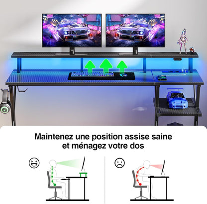Bureau Gaming Seven Warrior – Grand Bureau 160 cm avec Éclairage LED RGB, Multiprise Intégrée, Support Casque & Gobelet – Plateau Carbone Style Moderne