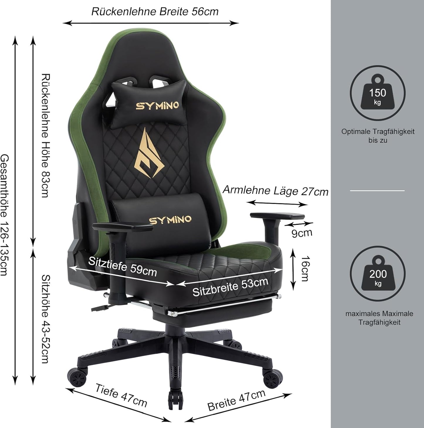 Chaise Gaming Symino – Ergonomique avec Repose-Pieds, Dossier Inclinable, Accoudoirs Ajustables, Cuir PU, Coussin Lombaire & Têtière