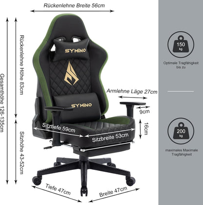 Chaise Gaming Symino – Ergonomique avec Repose-Pieds, Dossier Inclinable, Accoudoirs Ajustables, Cuir PU, Coussin Lombaire & Têtière