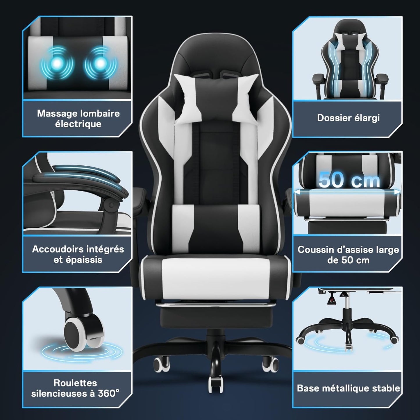 Fauteuil Gaming Massant TRIUMPHKEY – Ergonomique avec Appui-tête, Repose-pieds et Coussin Lombaire – Inclinaison 135° – Design Racing