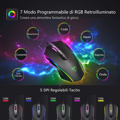 Souris Gaming Filaire RGB – Haute Précision 12400 DPI – 7 Boutons Programmables – Poids Ajustable – Ergonomique et Compatible Windows/Mac