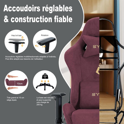 Chaise Gaming Symino – Ergonomique avec Repose-Pieds, Dossier Inclinable, Accoudoirs Ajustables, Cuir PU, Coussin Lombaire & Têtière