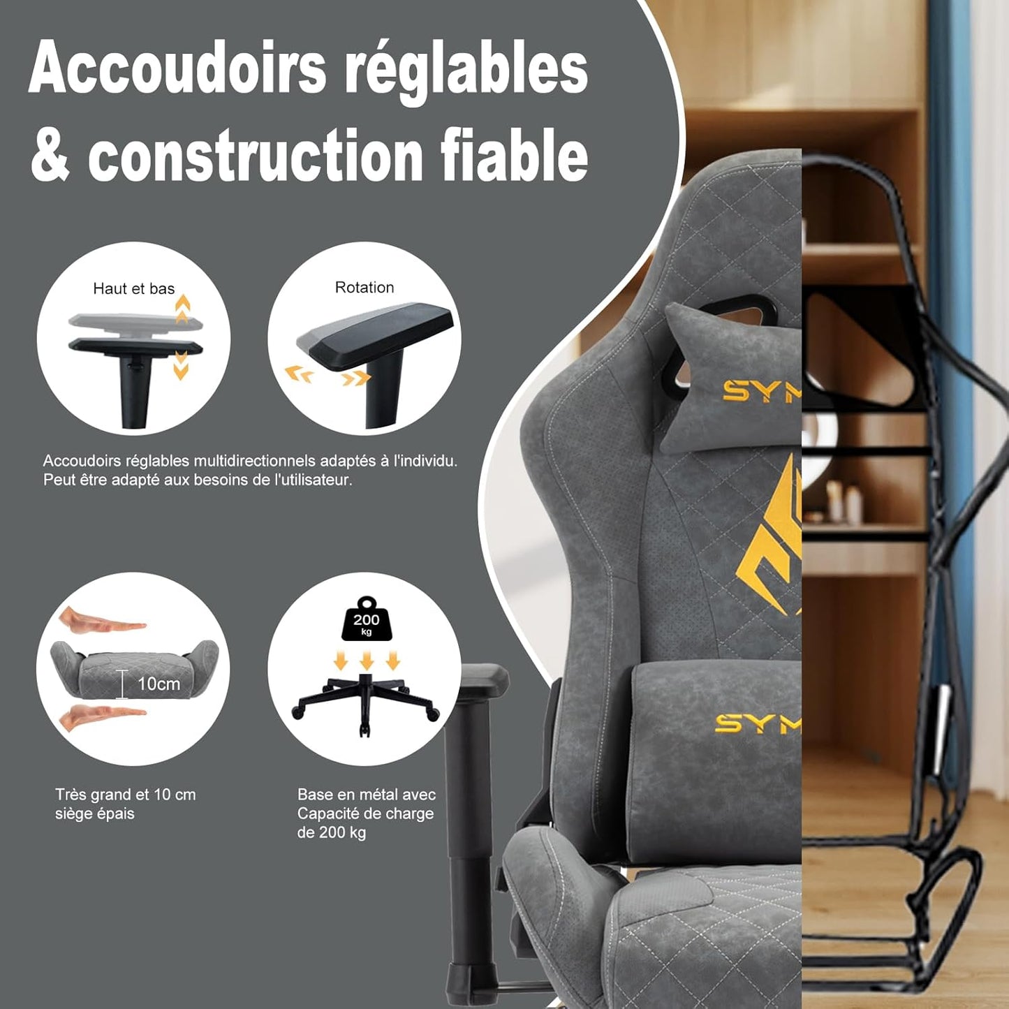 Chaise Gaming Symino – Ergonomique avec Repose-Pieds, Dossier Inclinable, Accoudoirs Ajustables, Cuir PU, Coussin Lombaire & Têtière