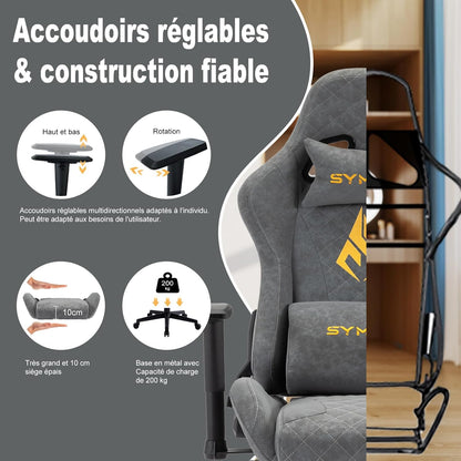 Chaise Gaming Symino – Ergonomique avec Repose-Pieds, Dossier Inclinable, Accoudoirs Ajustables, Cuir PU, Coussin Lombaire & Têtière