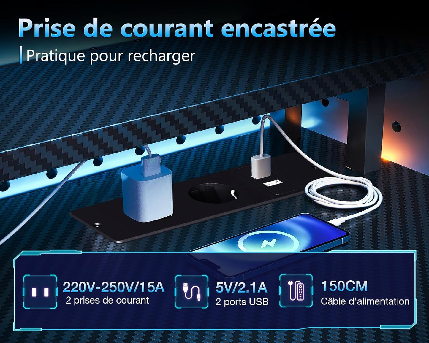 Bureau Gaming Coleshome Électrique – Éclairage LED RGB, Réversible avec Rangement et Support Écran – 140 cm – Style Moderne