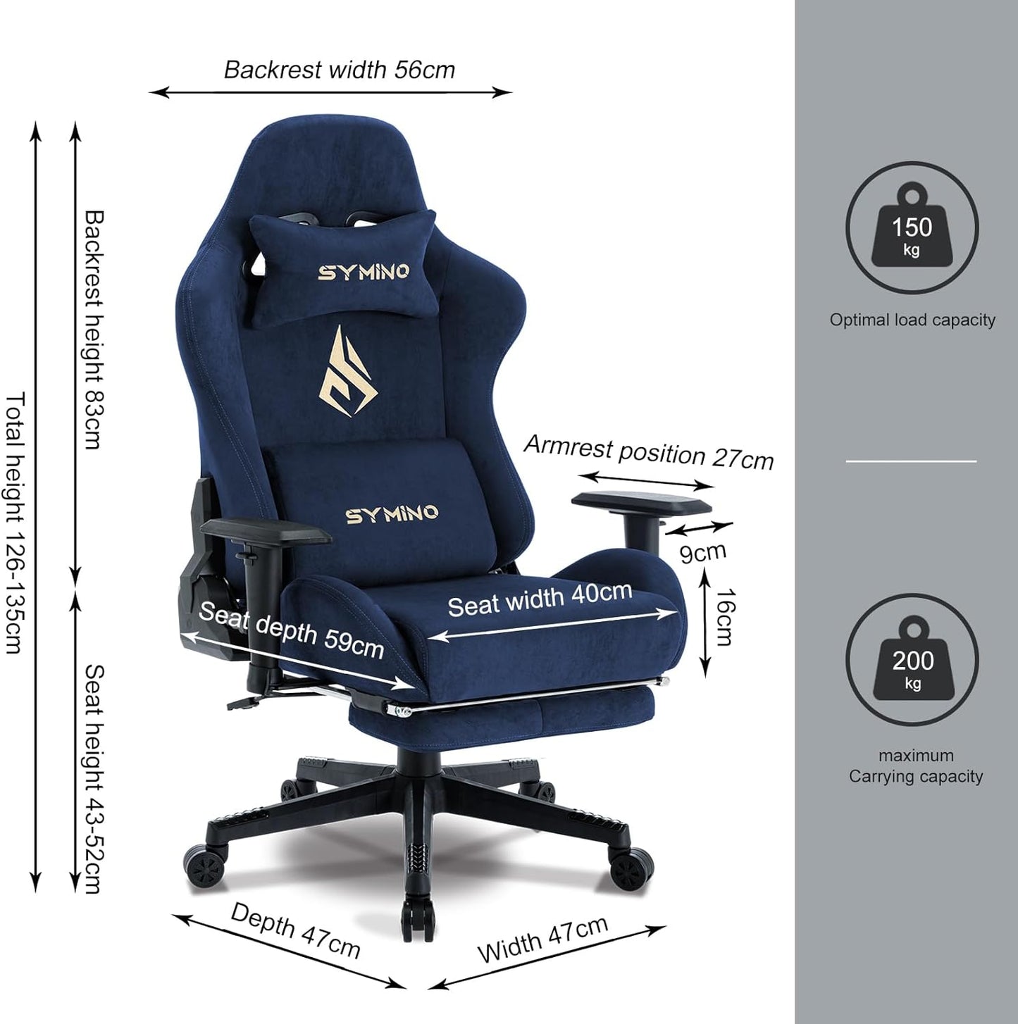 Chaise Gaming Symino – Ergonomique avec Repose-Pieds, Dossier Inclinable, Accoudoirs Ajustables, Cuir PU, Coussin Lombaire & Têtière